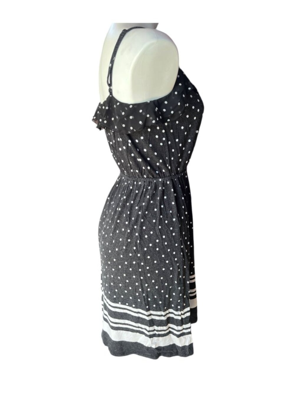 Elle Womens Dress Size M B&W Polka Dot Ruffle Sleeveless Adj. Straps Stripes - Picture 7 of 10
